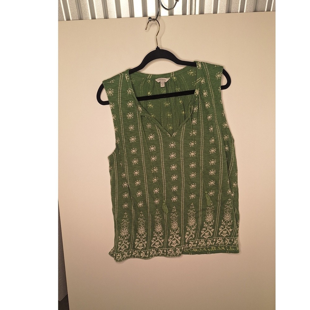 Lucky Brand Green‎ Damask Floral Print Sleeveless Tassel Tie Blouse Top XL